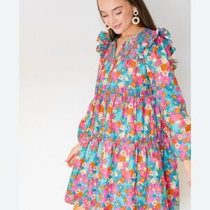 ODDY Teal Floral Smocked Long-Sleeve Dress with Pink and Orange Flowers